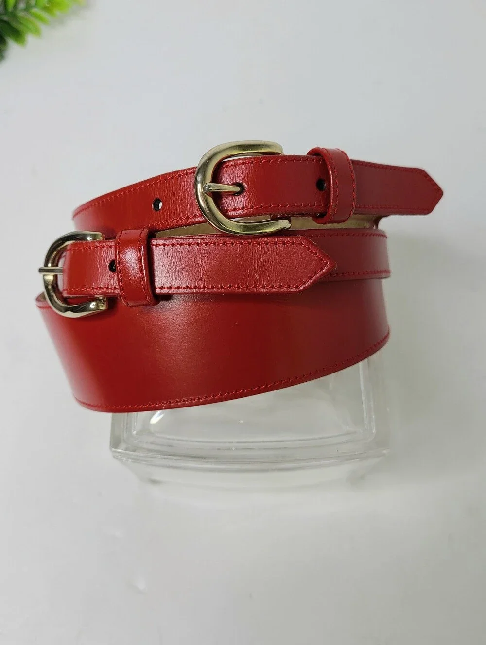 Red Corset Style Double Buckle Genuine Leather Vintage Belt